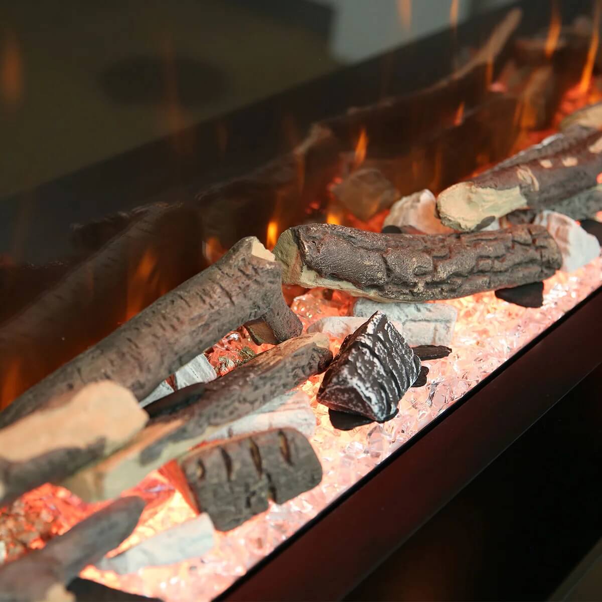 Custom Eclipse 3-sided electric fireplace detailed firebone view showcasing realistic flames and modern design