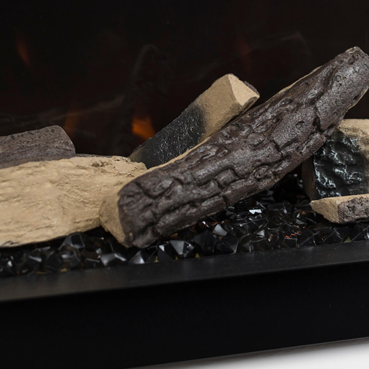 Custom Eclipse 3-sided electric fireplace detailed firebone view showcasing realistic flames and modern design