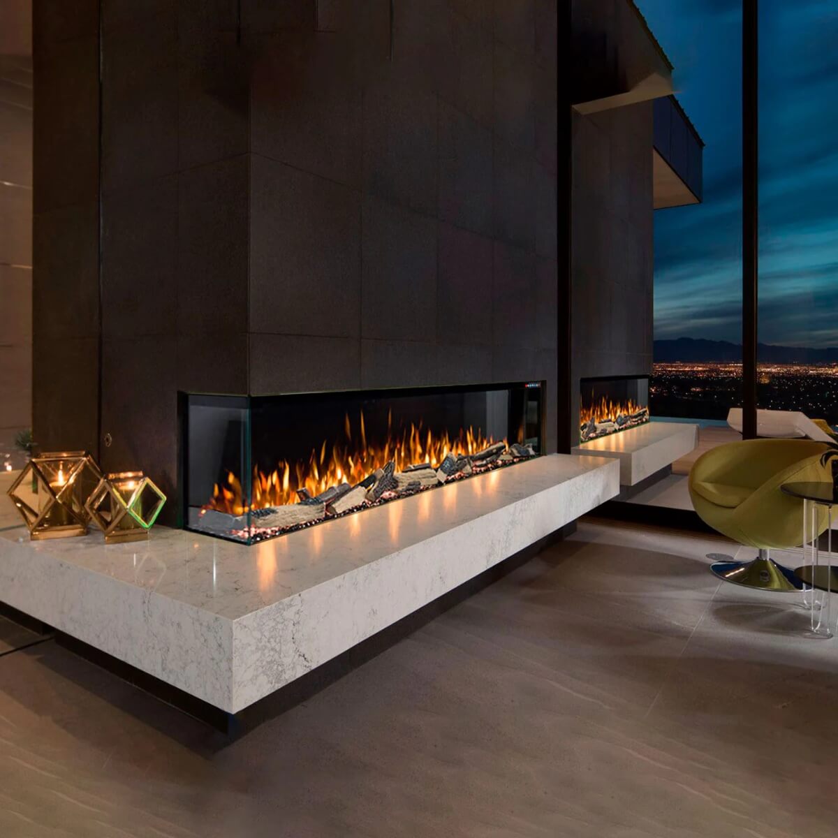 Custom Eclipse 3-sided electric fireplace with modern design, perfect for stylish living spaces
