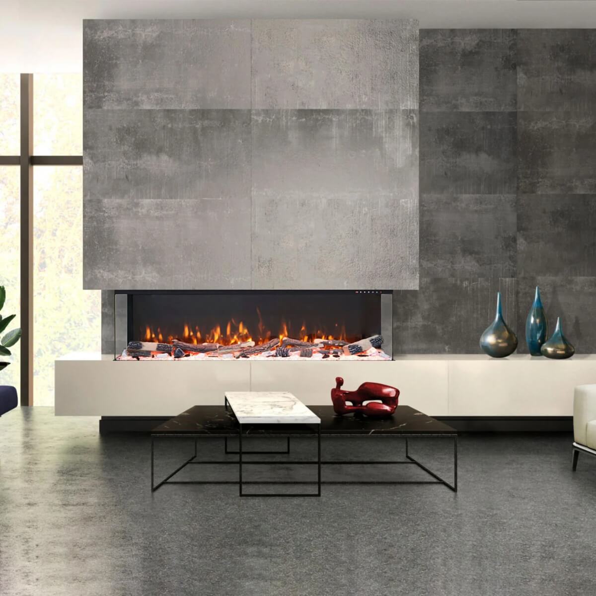 Custom Eclipse 3-sided electric fireplace in living room, modern and elegant home heating solution