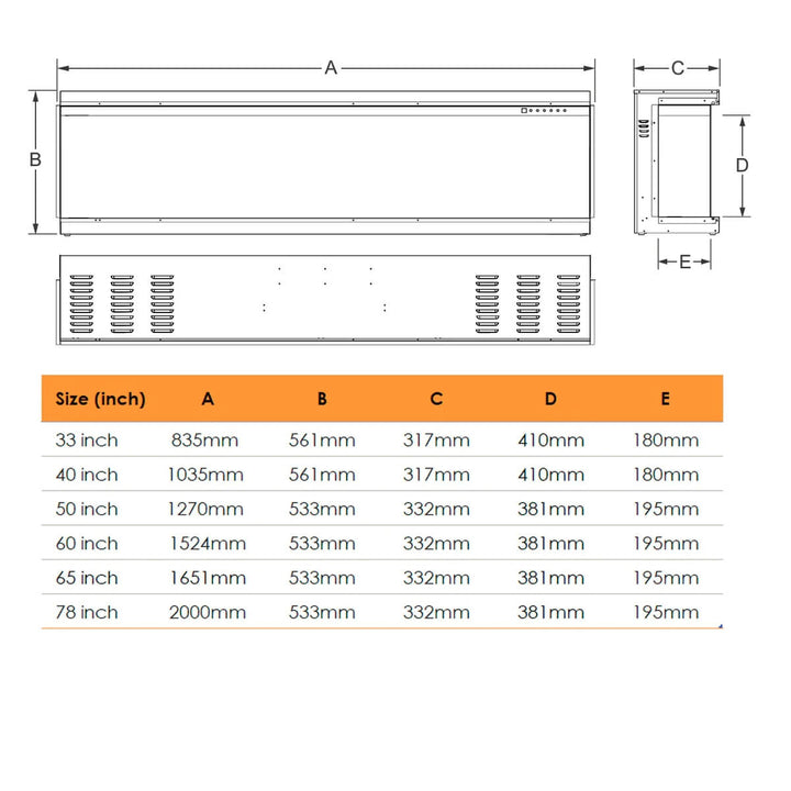 Custom Eclipse 3-sided electric fireplace with dimensions for 33", 40", 50", 60", 65", and 78" models, featuring sleek modern design.