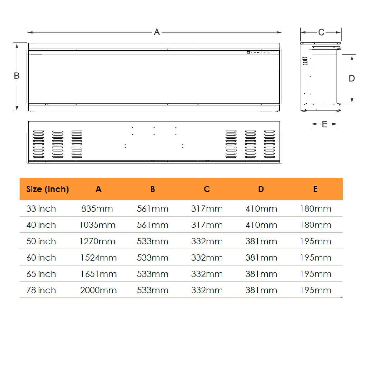 Custom Eclipse 3-sided electric fireplace with dimensions for 33&quot;, 40&quot;, 50&quot;, 60&quot;, 65&quot;, and 78&quot; models, featuring sleek modern design.
