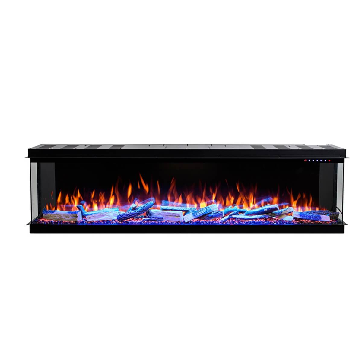 Custom Eclipse 3-sided electric fireplace with sleek modern design, available in multiple sizes for elegant home interiors