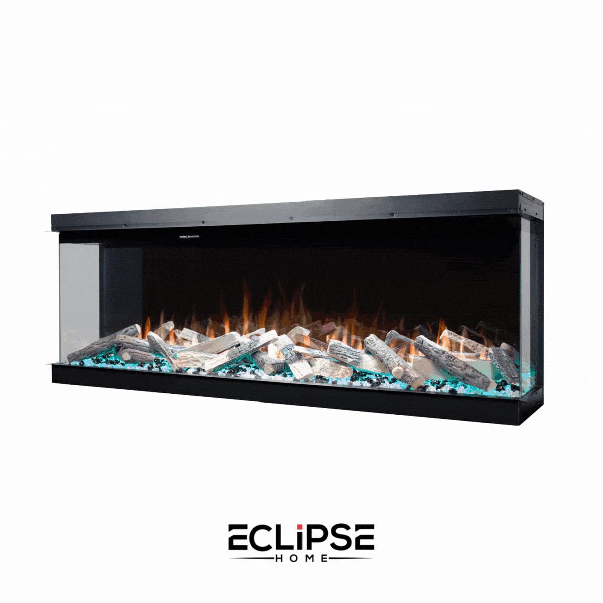 Custom Eclipse 3-sided electric fireplace with multi-colour flame, modern stylish home decor feature
