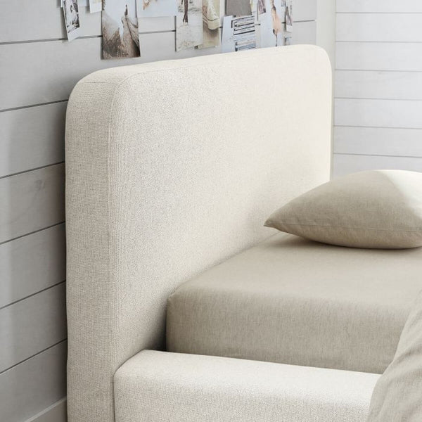 Close-up of custom Elegant Ergo wooden frame cotton linen bed headboard showing craftsmanship and texture