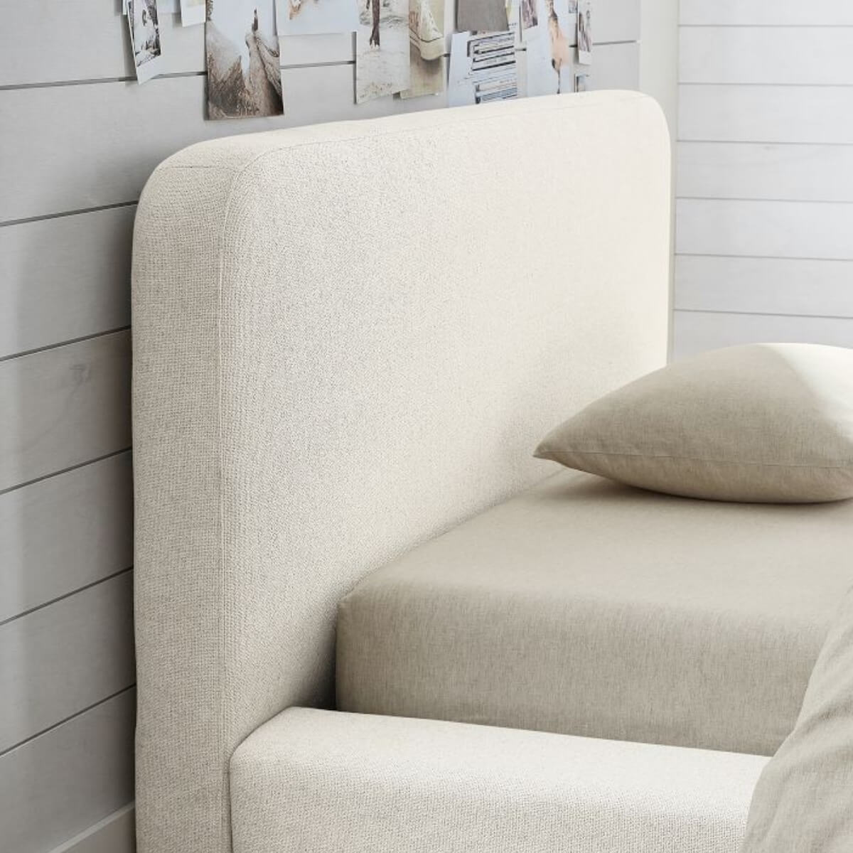 Close-up of custom Elegant Ergo wooden frame cotton linen bed headboard showing craftsmanship and texture