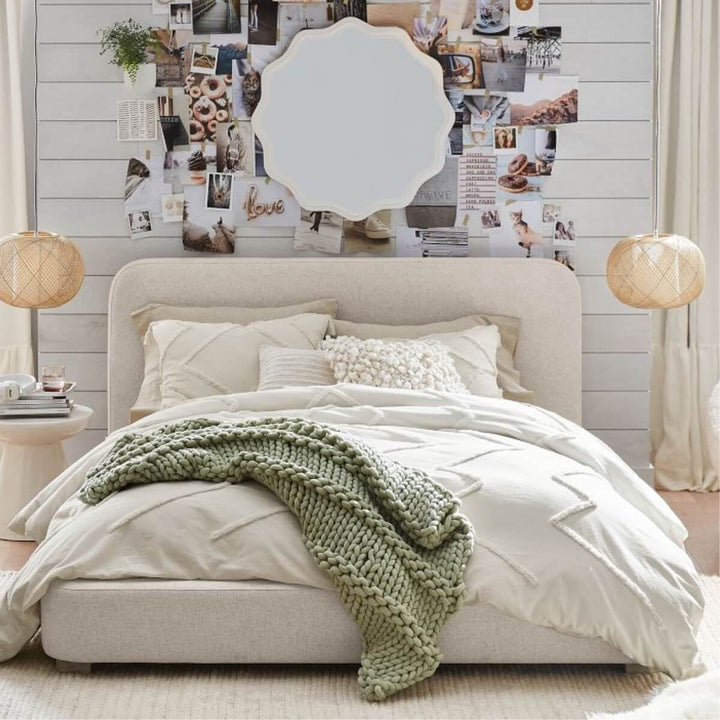 Front view of Elegant Ergo wooden frame cotton linen bed featuring breathable fabric and clean lines