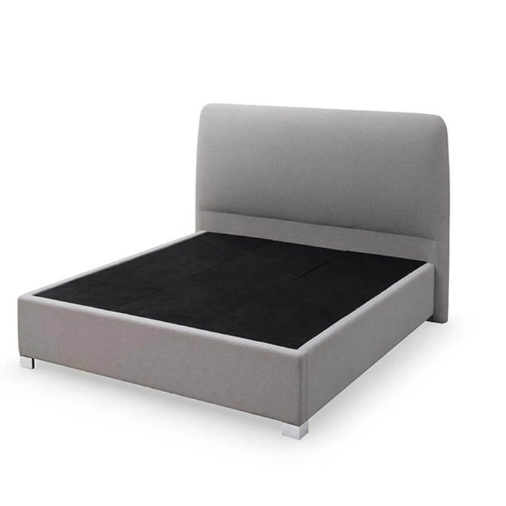 Angled view of Elegant Ergo wooden frame cotton linen bed showing sturdy build and breathable fabric