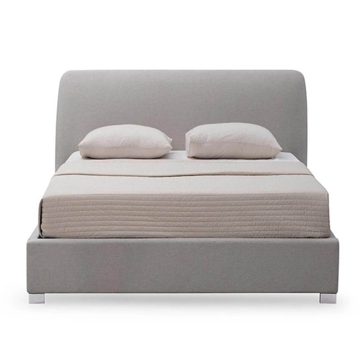 Front view of Elegant Ergo cotton linen bed with wooden frame featuring clean lines and breathable fabric