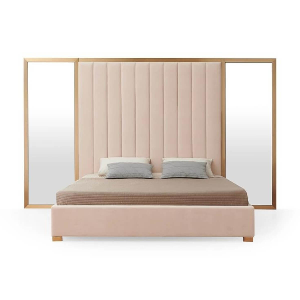 Front view of custom Elysian Echo velvet KB37 1.8M bed featuring a tufted headboard and luxurious velvet finish for elegant bedroom interiors