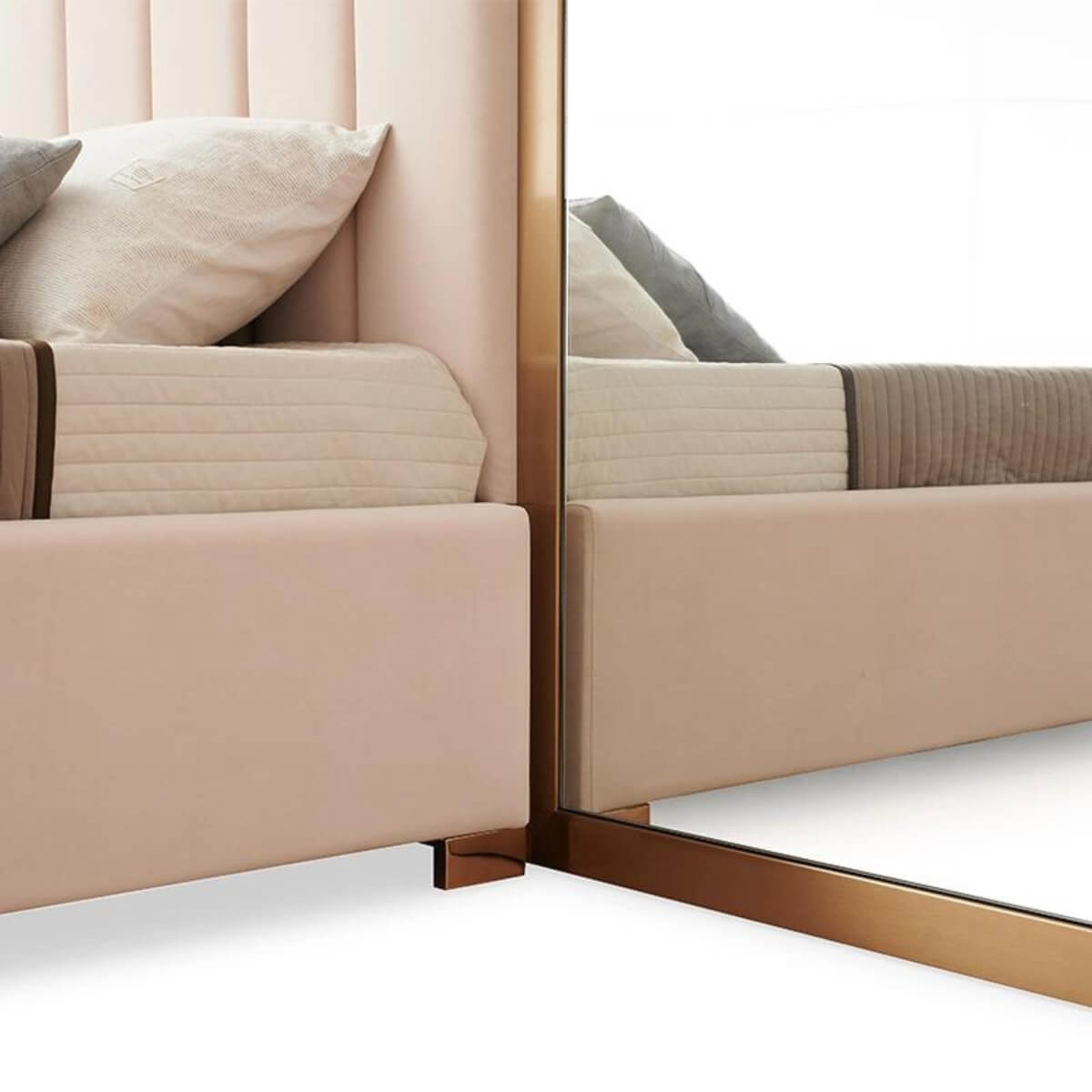Side view of KB37 1.8M bed with tufted headboard, velvet finish, and stylish side stand attached.