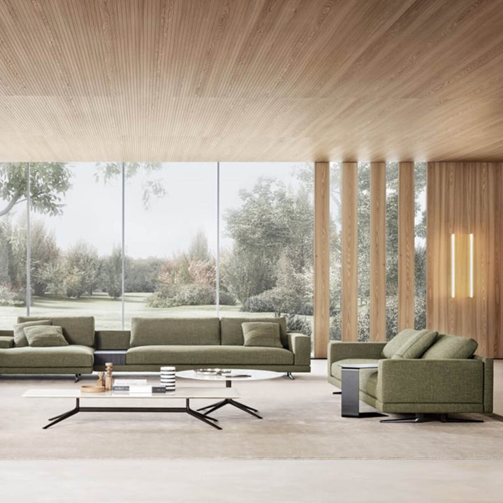 Elegant custom Elysian cotton linen sofa featuring plush cushions and sleek silhouette