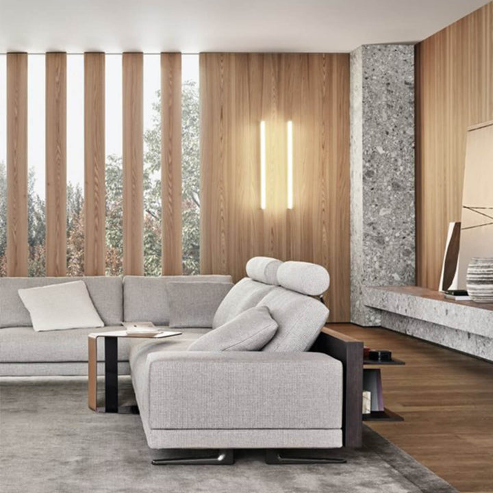 Side view of custom Elysian Elegance sofa upholstered in cotton linen fabric with modern design