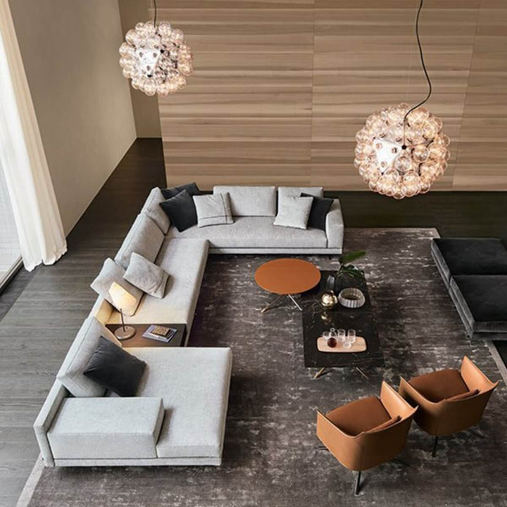 Bird’s eye perspective of custom Elysian cotton linen sofa highlighting cushion arrangement
