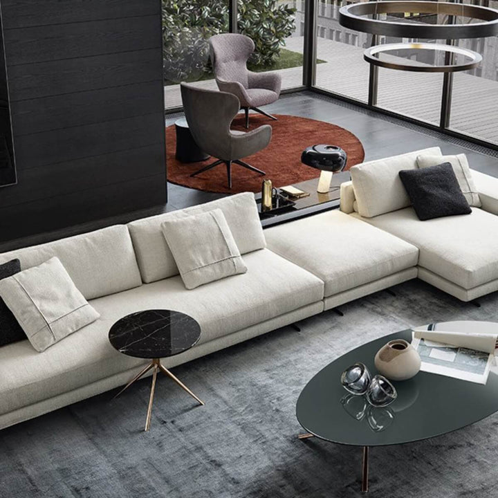 Overhead view of Elysian Elegance sofa upholstered in breathable cotton linen fabric