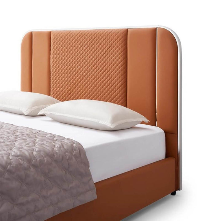 Close-up of custom Enchanted Haven cotton linen KB32 1.8M bed headboard showing fabric texture and stitching