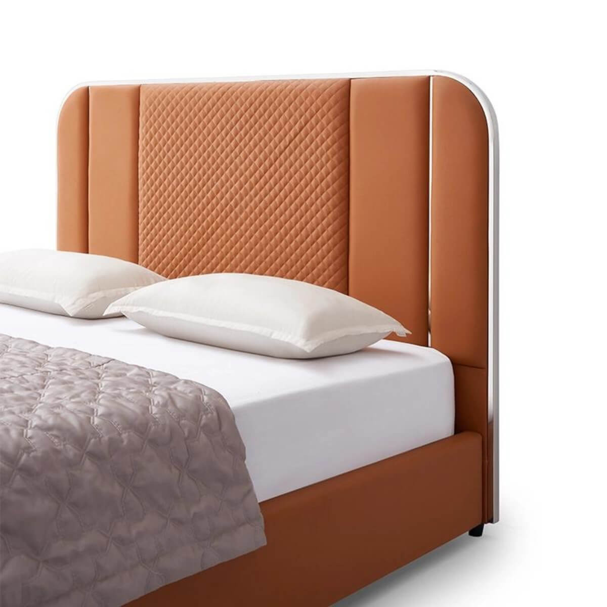 Close-up of custom Enchanted Haven cotton linen KB32 1.8M bed headboard showing fabric texture and stitching