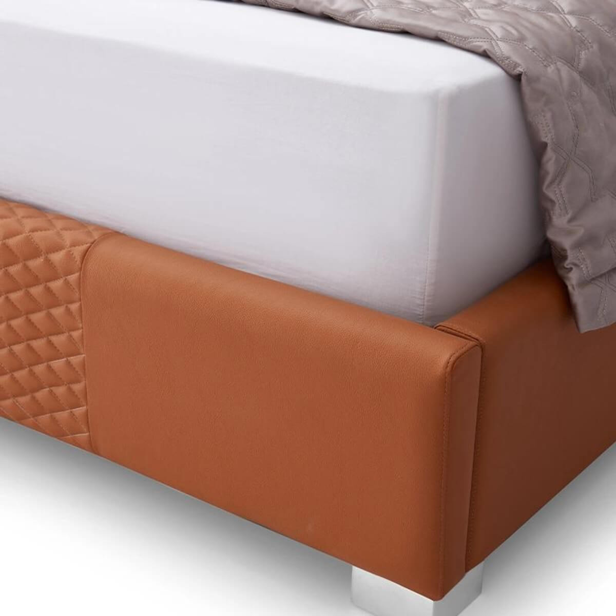 Close-up of side corner of custom Enchanted Haven cotton linen KB32 1.8M bed showing fabric texture and frame