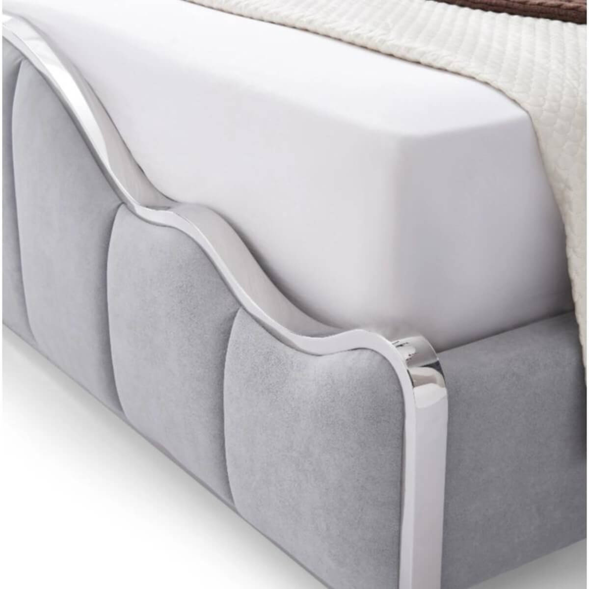 Close-up of custom Enchanted Haven cotton linen KB33 1.8M bed footer with sleek metal finish detail