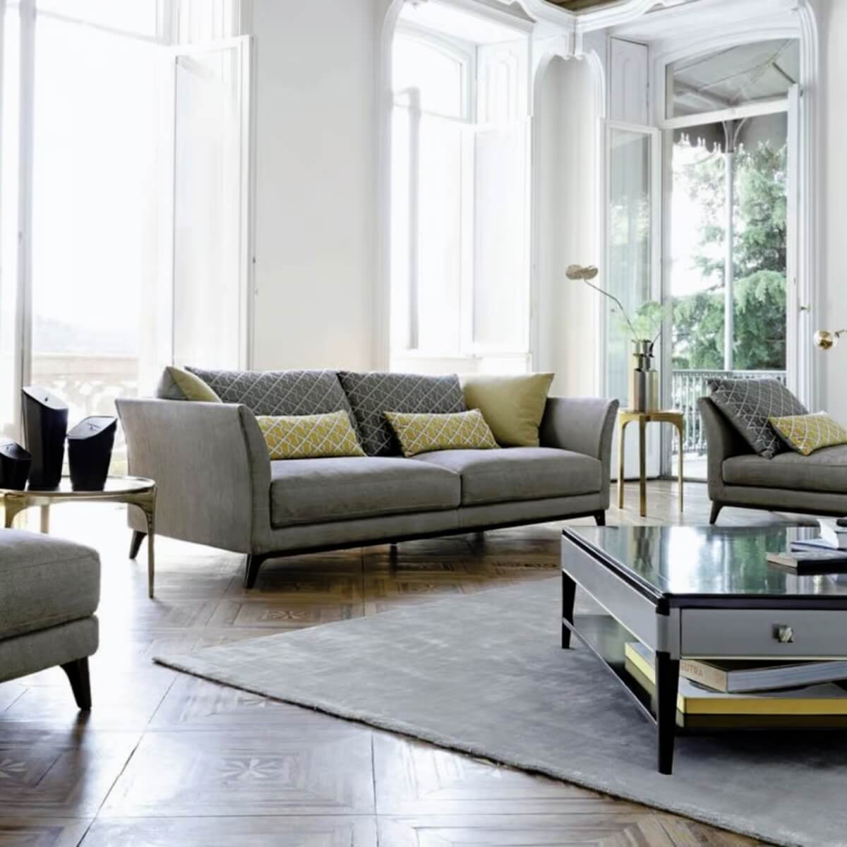 Contemporary cotton linen sofa from Epic Tranquility collection with plush cushions