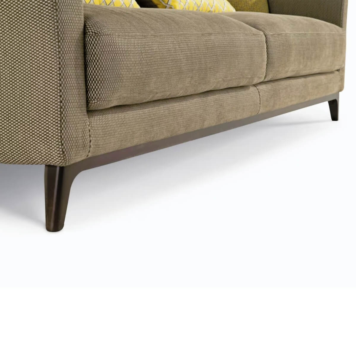 Lower view of custom Epic Tranquility sofa showing cotton linen upholstery and sturdy stand