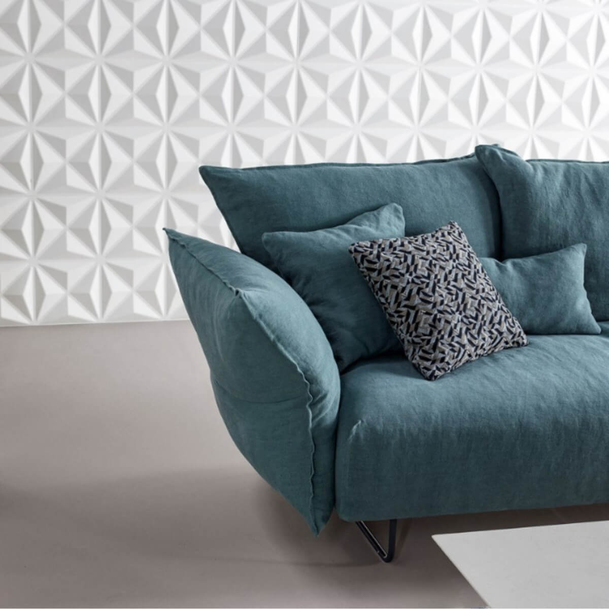 Right-side view of custom Epicurean Enclave sofa with cotton upholstery and clean lines