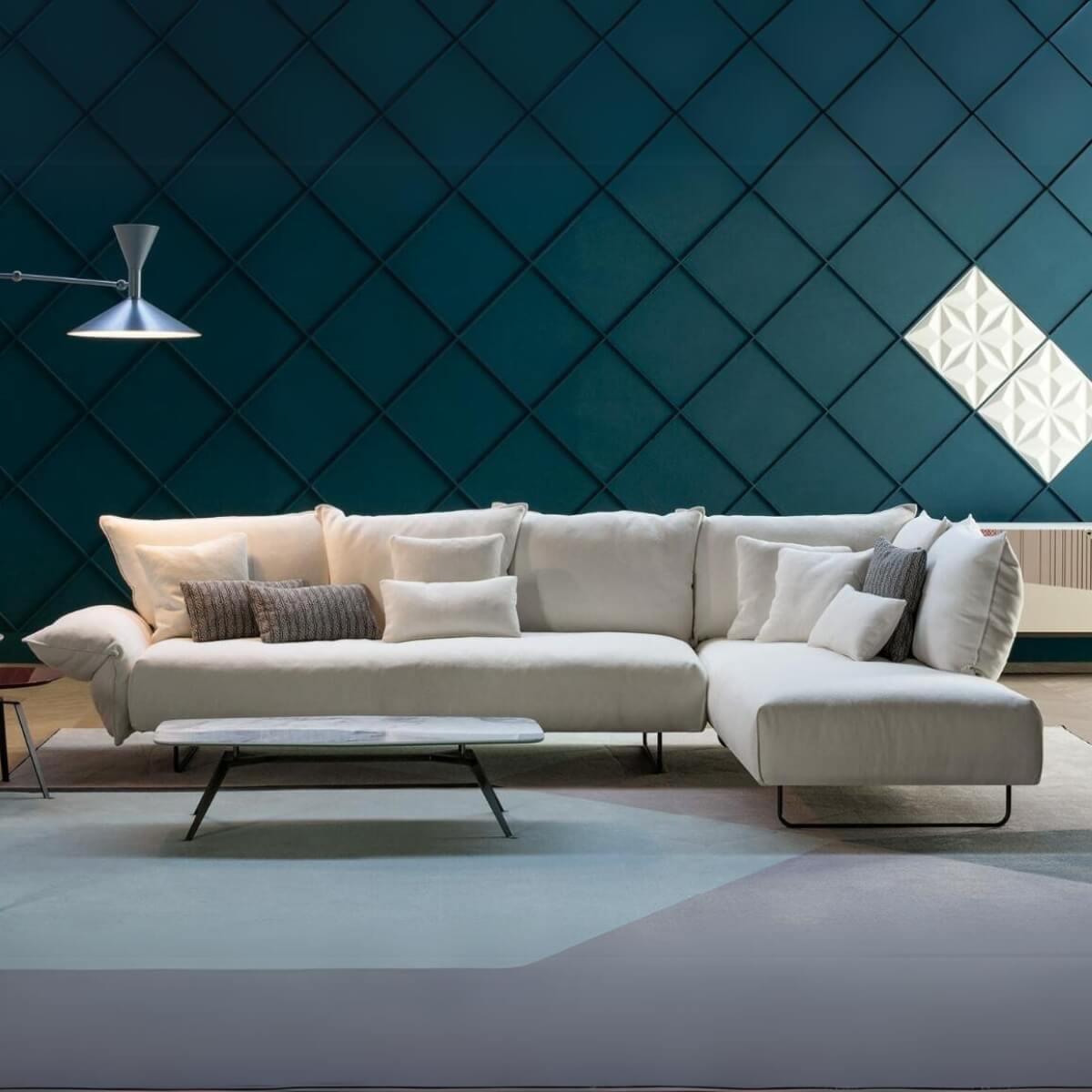 Front-facing view of Epicurean Enclave custom sofa upholstered in soft cotton fabric