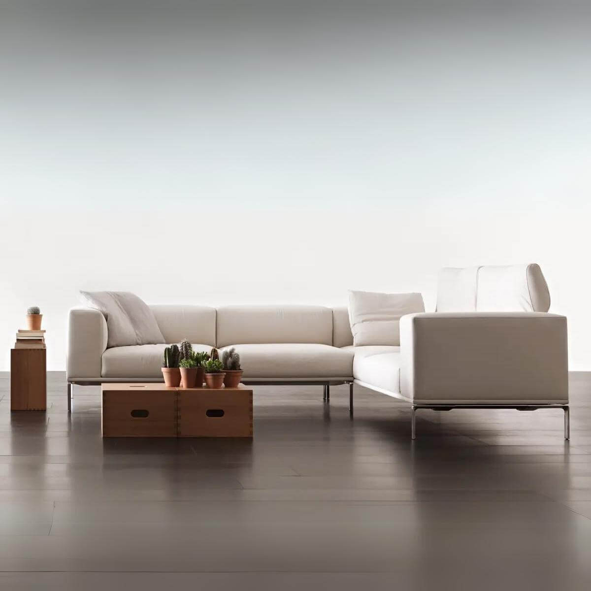 Beige Evoke Enigma sofa with plush cushions and clean lines, custom design
