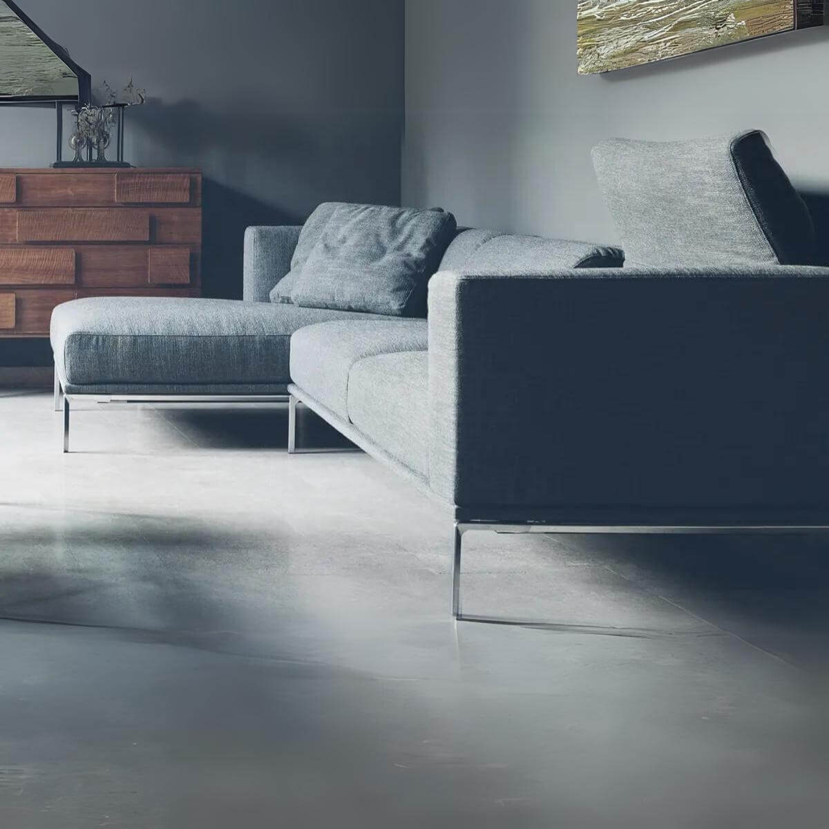 Side view of custom Evoke Enigma beige sofa with plush upholstery and modern silhouette