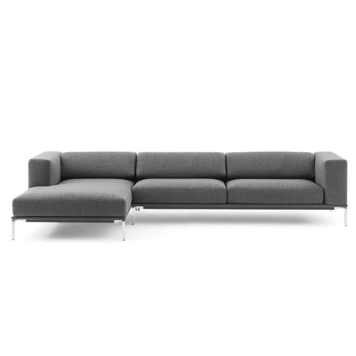 Custom Evoke Enigma sofa in beige fabric, side angle showing sleek design and cushions