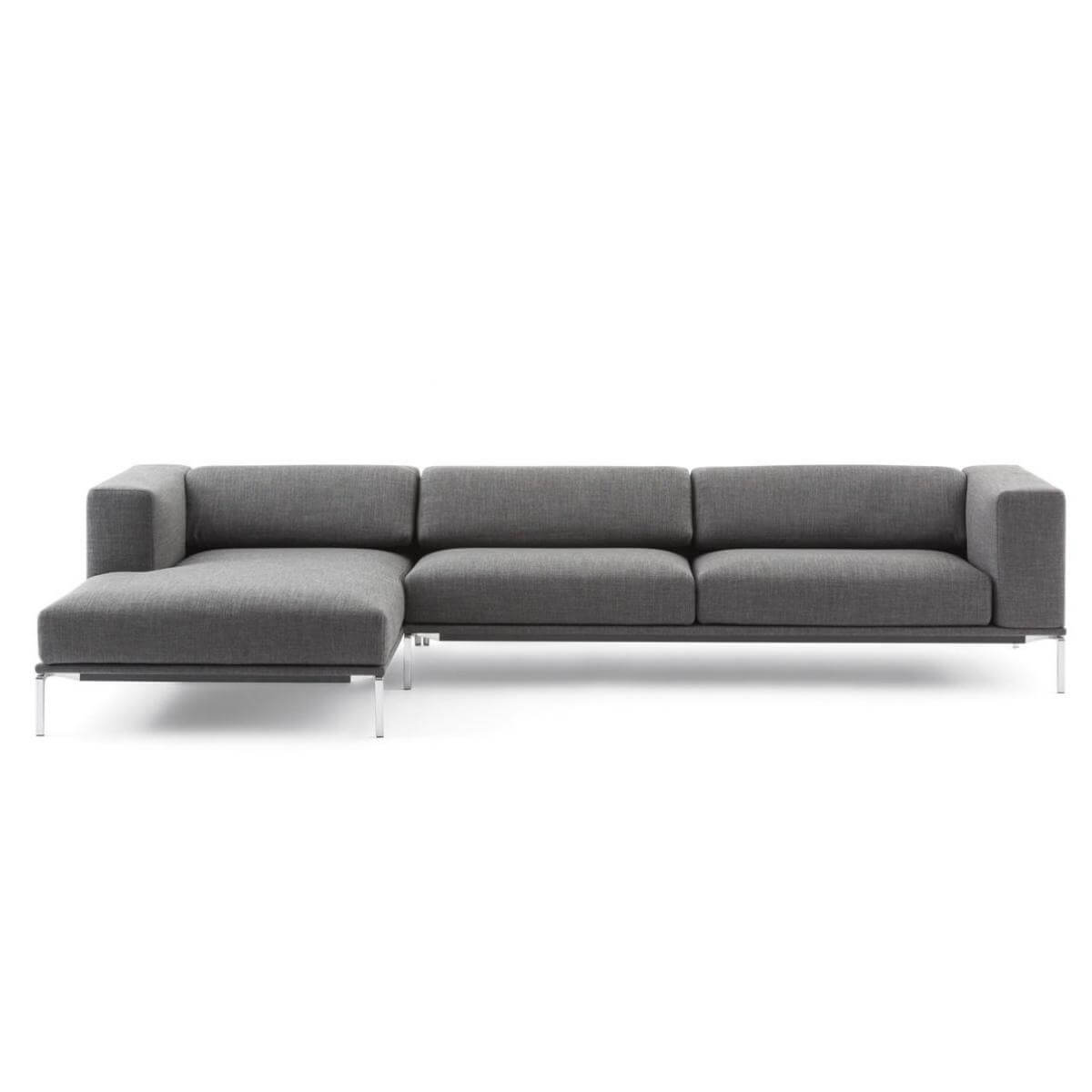 Custom Evoke Enigma sofa in beige fabric, side angle showing sleek design and cushions