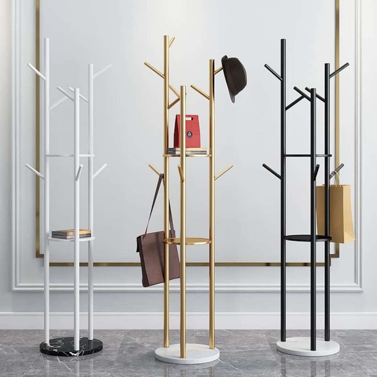 Custom Garment Grove clothes rack with marble base – sleek design combining sturdy metal frame and elegant marble finish
