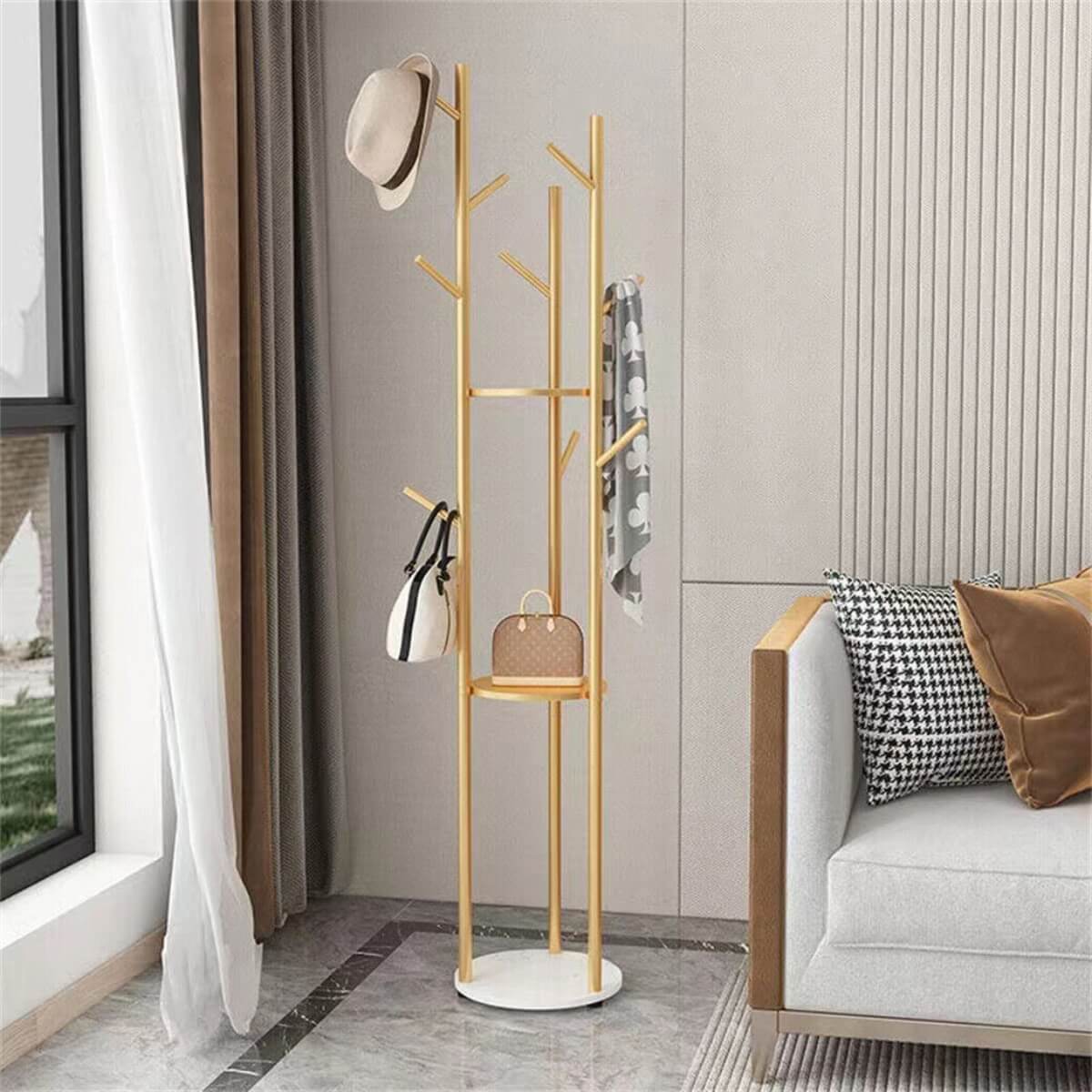 Custom Garment Grove clothes rack with marble base in a bedroom setting – stylish and functional storage solution with elegant design