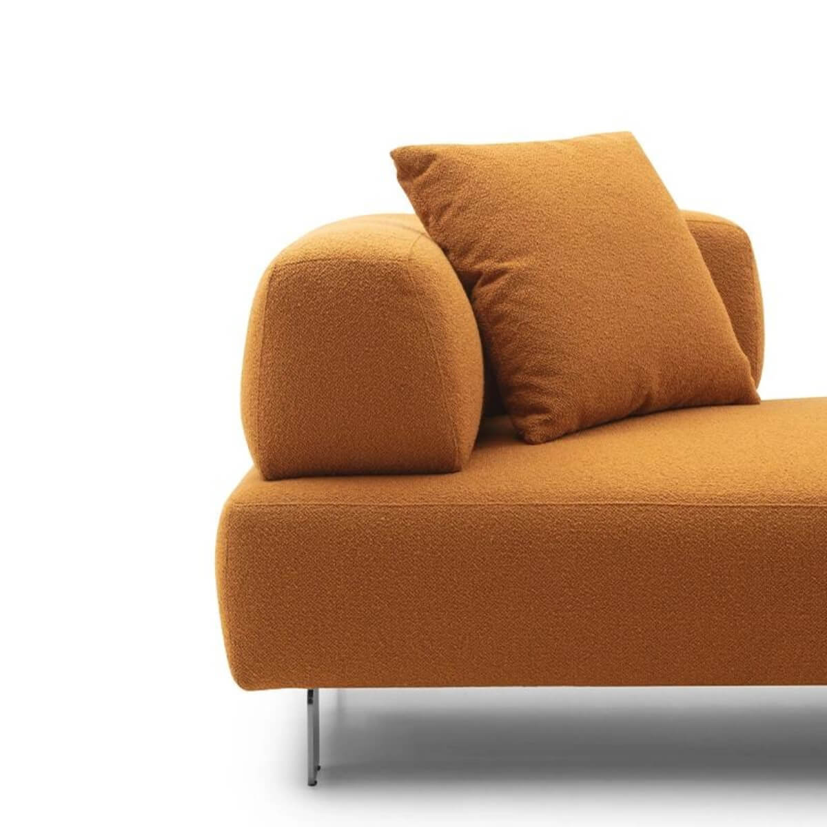 Detailed left side view of custom Gossamer KS32 sofa highlighting cotton-linen fabric texture and refined craftsmanship