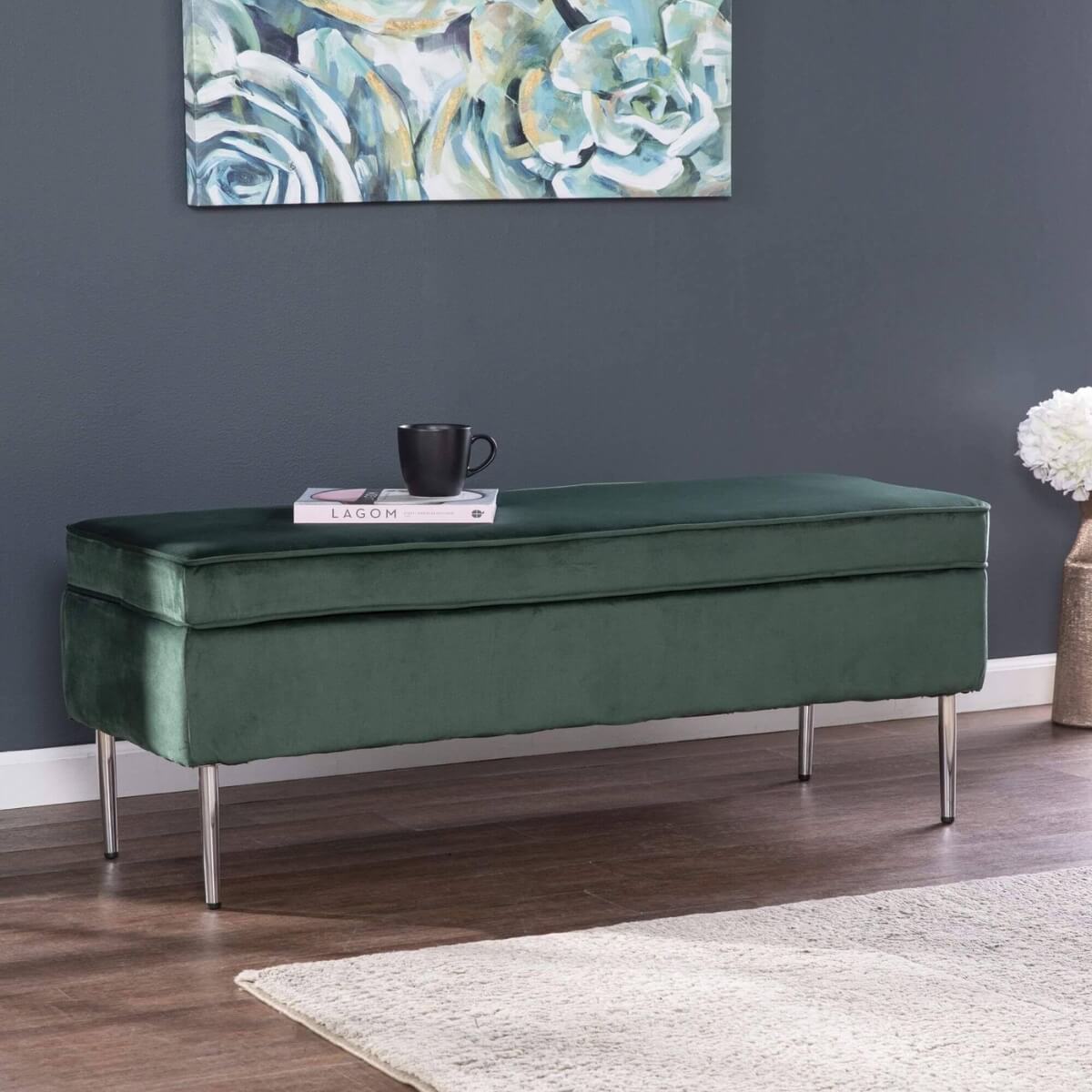Front-side view of Custom Graceful Rest velvet bedroom bench – featuring plush velvet upholstery, elegant stitching, and sleek modern frame for sophisticated bedroom décor