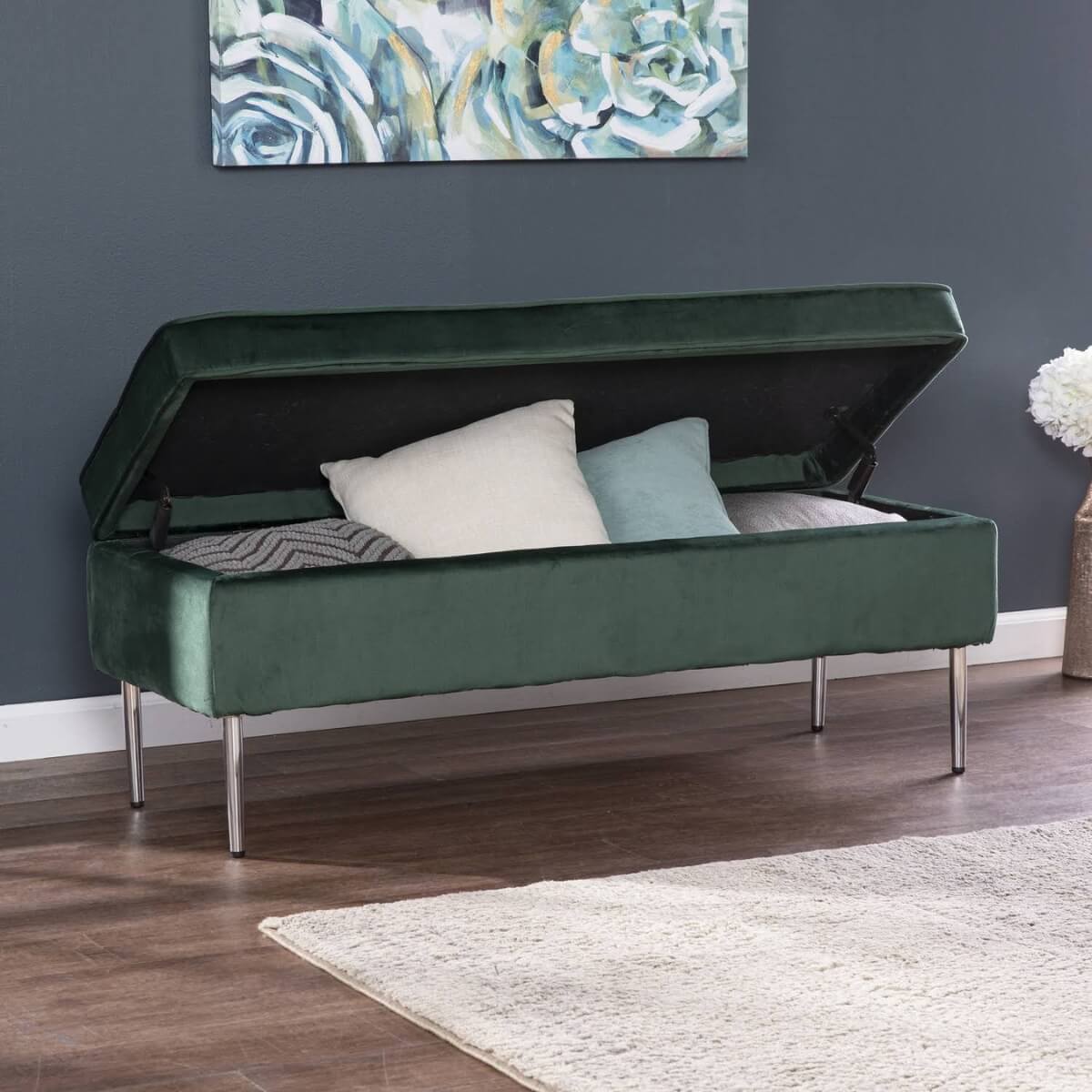 Custom Graceful Rest velvet bedroom bench with open storage compartment – featuring plush velvet upholstery and sleek modern design for functional and stylish bedroom seating