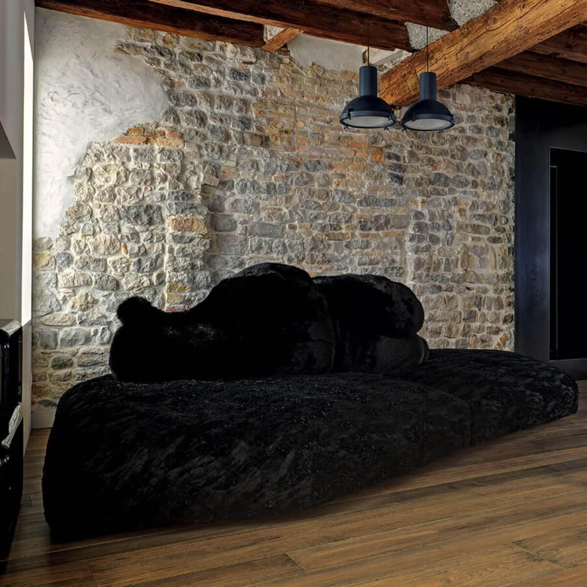 AuroraArray teddy sofa in custom design featuring plush teddy upholstery and rounded edges
