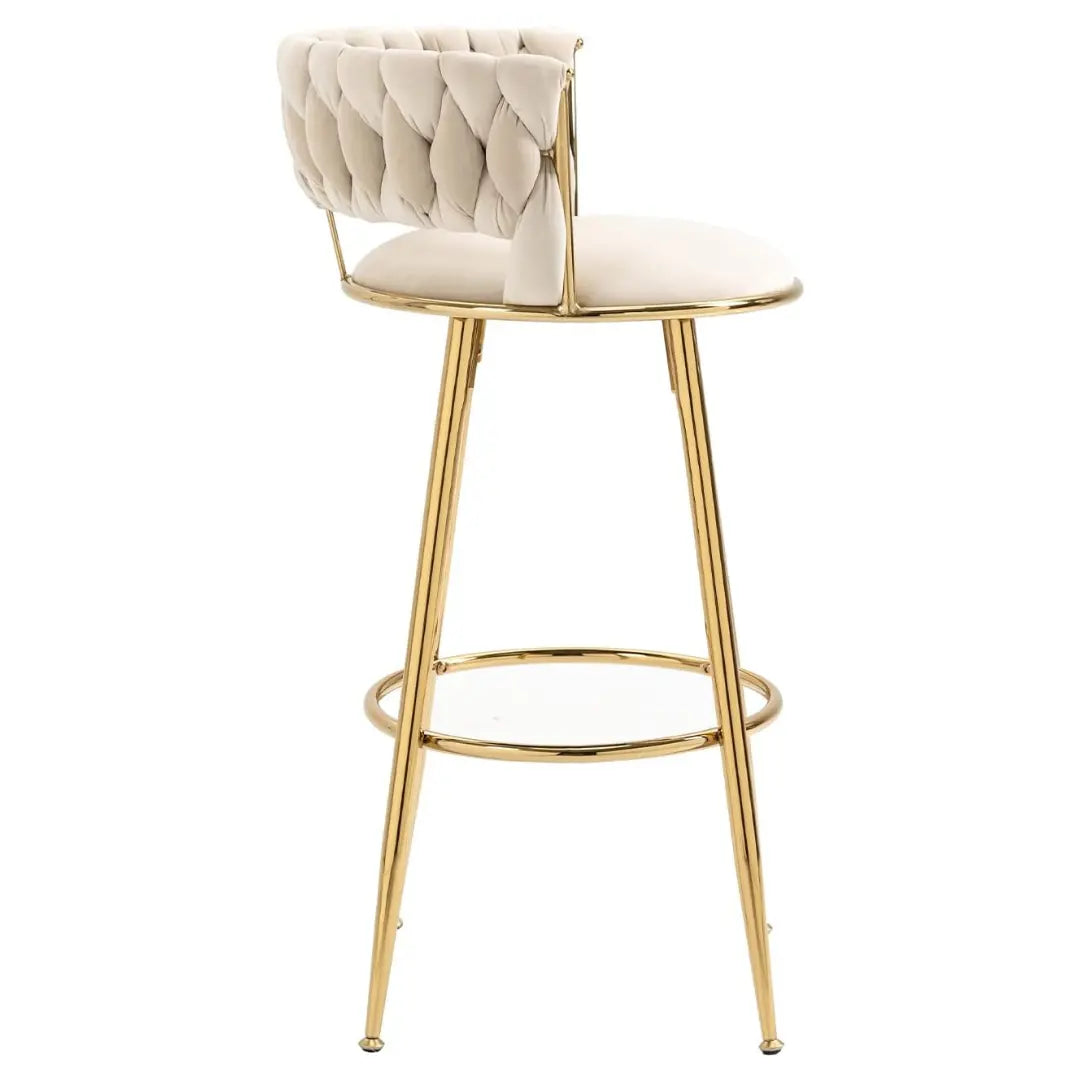 Front view of elegant white bar stool featuring golden metal base and sleek design