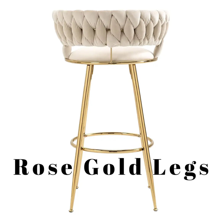 Back view of custom-made bar stool with white seat and rose gold metal stand