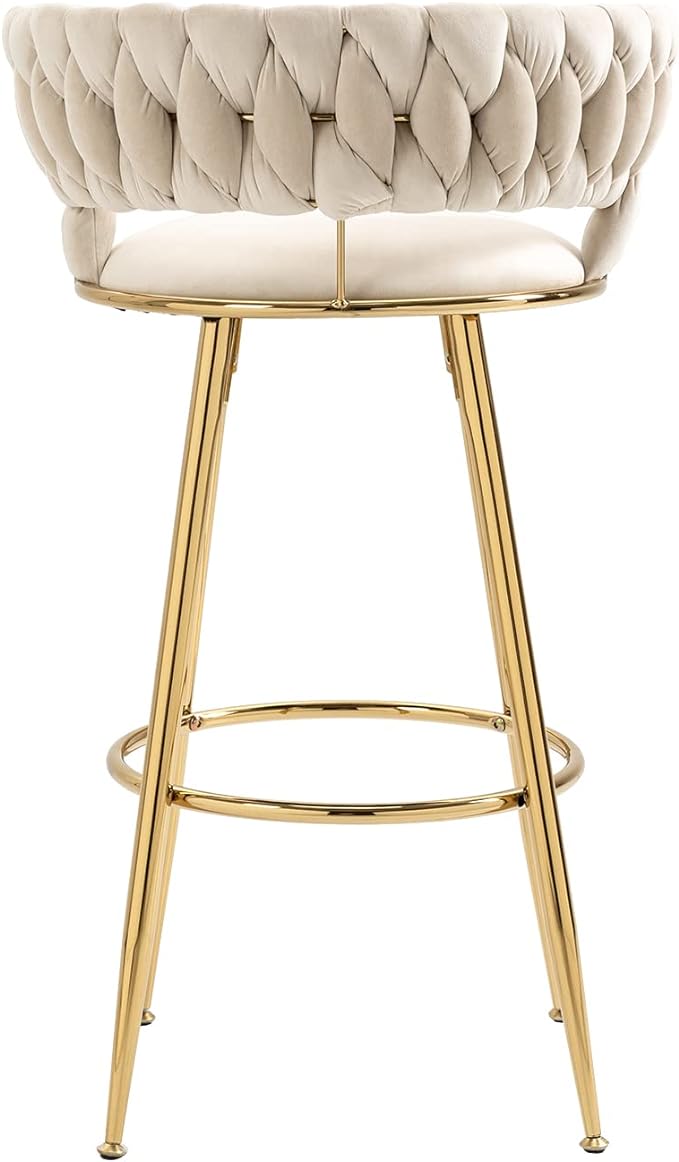 Back view of custom-made bar stool with white seat and golden metal stand