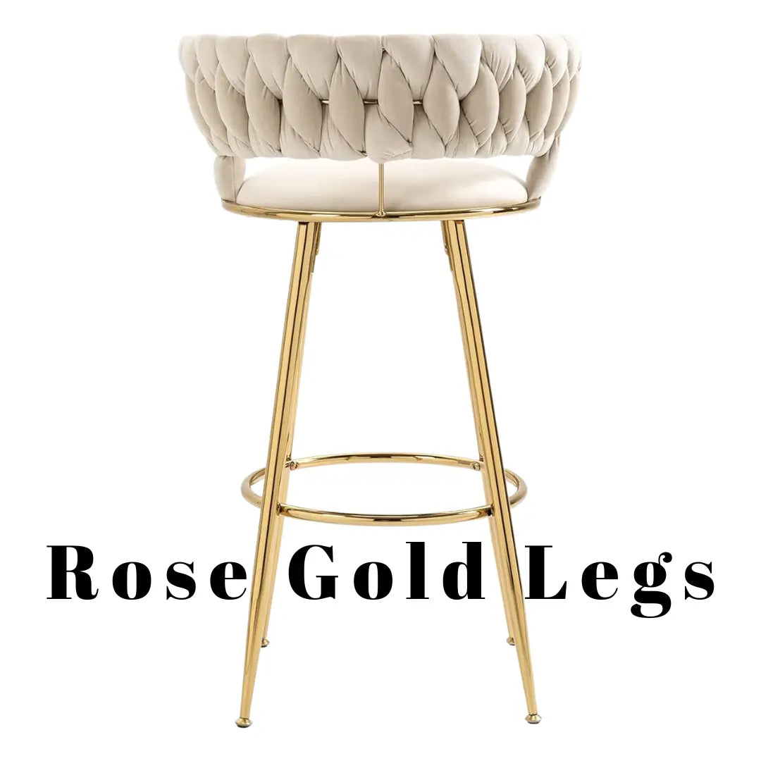 Back view of custom-made bar stool with white seat and rose gold metal stand