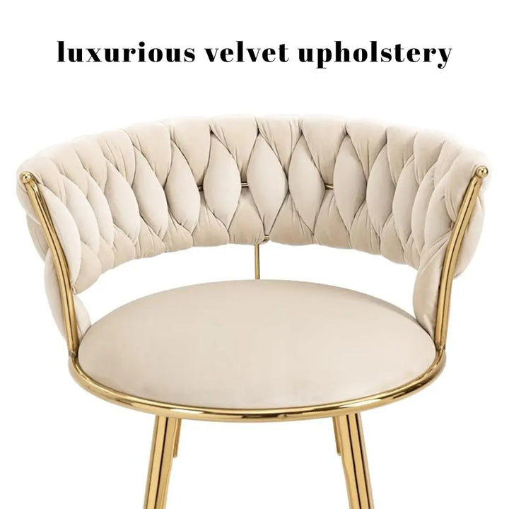 Detailed front shot of stylish bar stool featuring white cushion and gold metal frame
