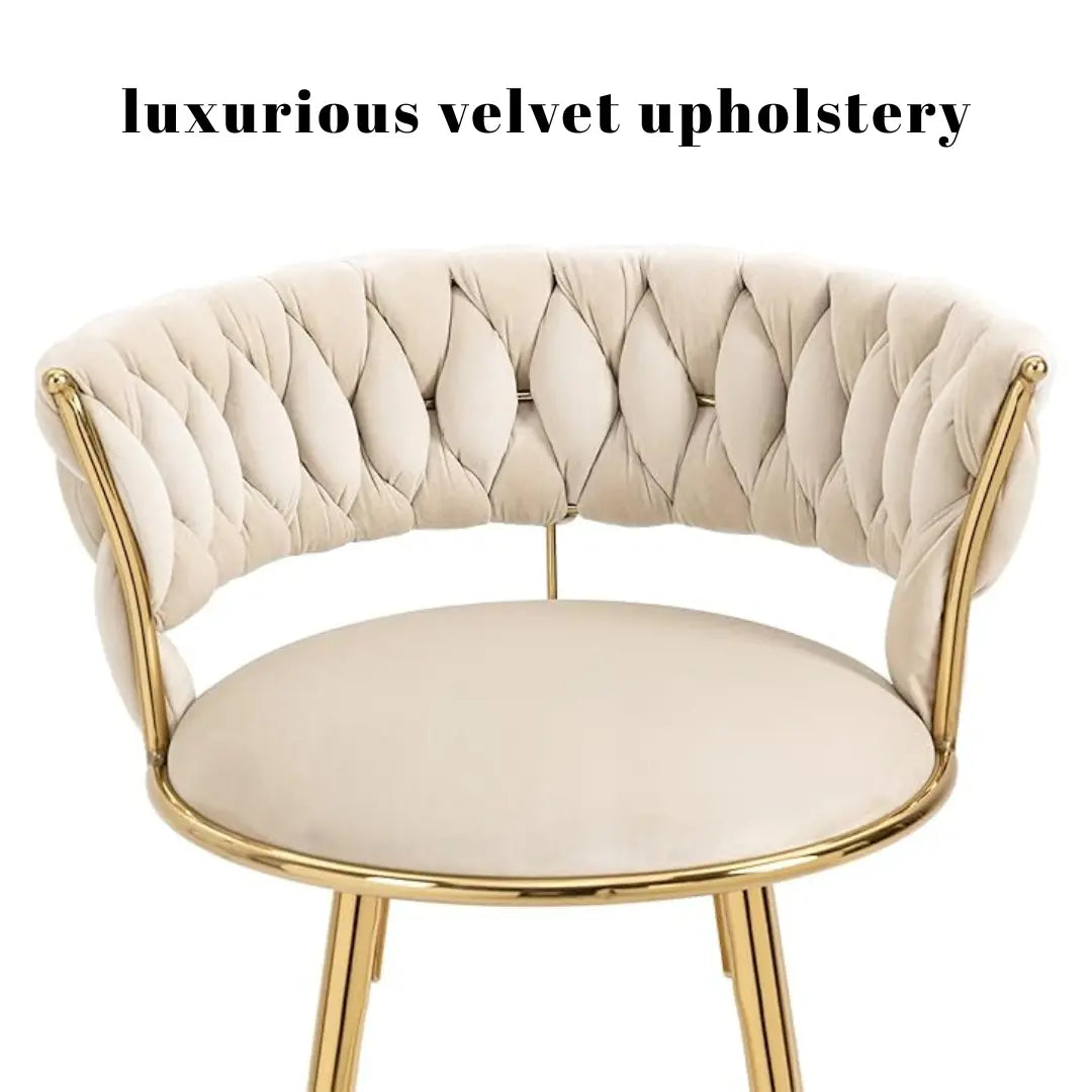 Detailed front shot of stylish bar stool featuring white cushion and gold metal frame