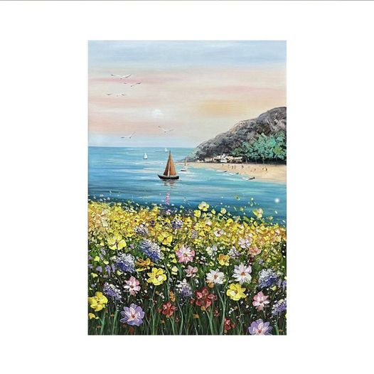 Custom beach painting featuring elegant woman in coastal setting