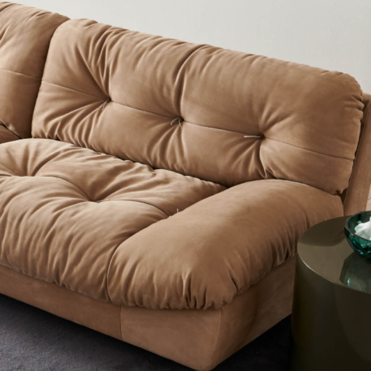 Detailed close-up of custom-made Chromacraft 3-seater sofa with matte fabric upholstery