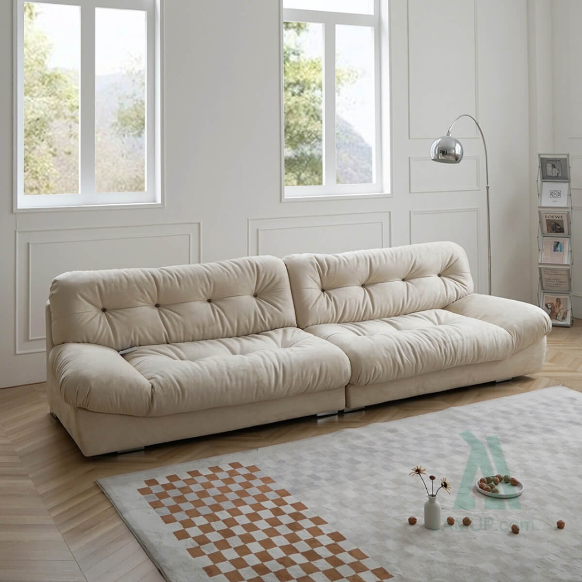 Custom-made Chromacraft 3-seater sofa with matte fabric upholstery, angled view