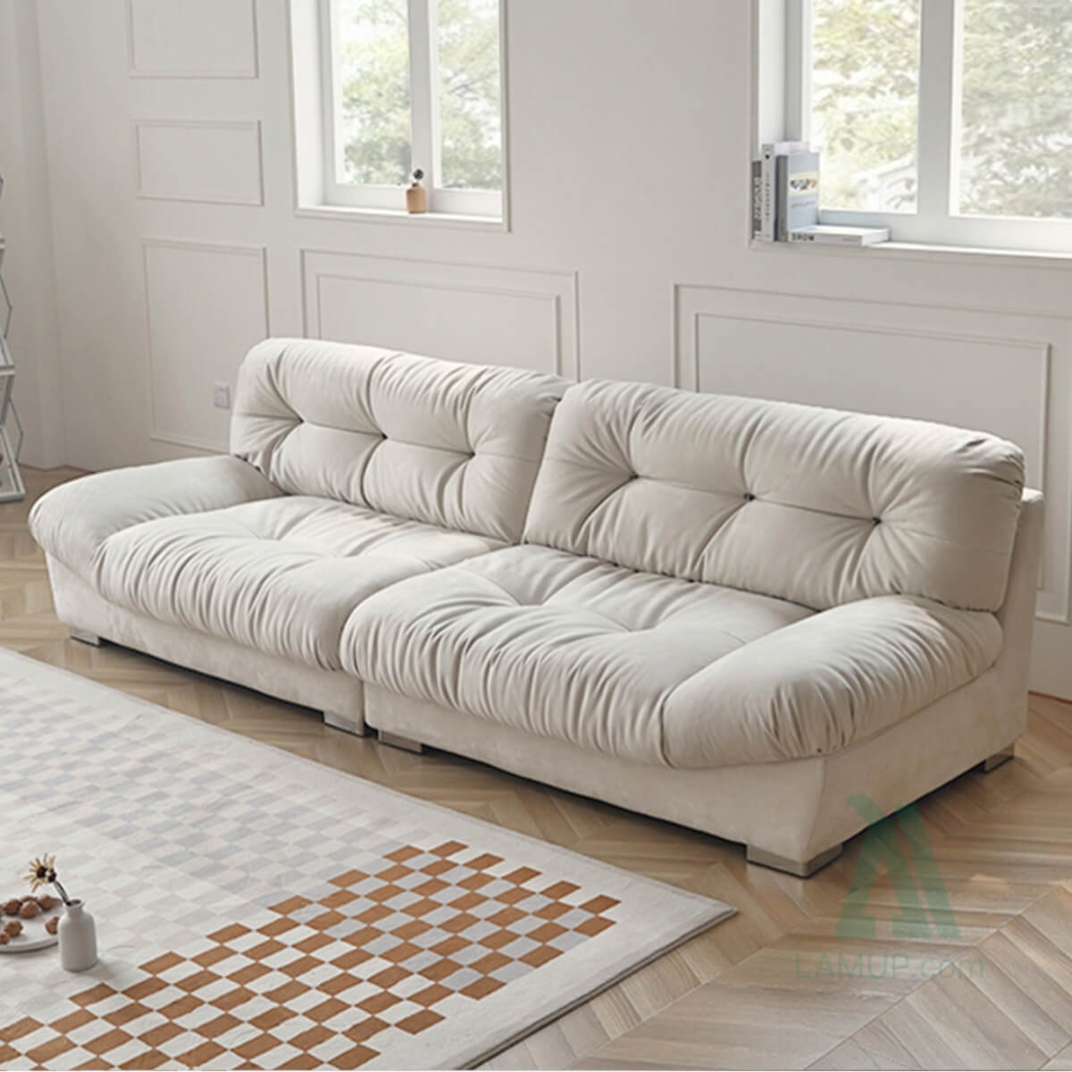 Stylish custom Chromacraft sofa in matte fabric with plush cushions