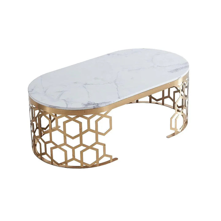 Side view of custom-made oval coffee table in a modern living room setting