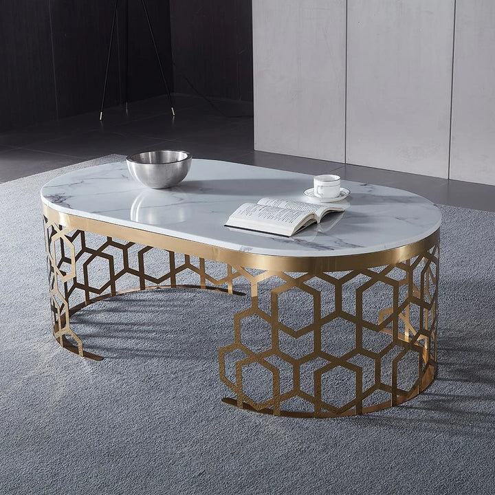 Side view of custom-made oval coffee table highlighting modern elegance and smooth design