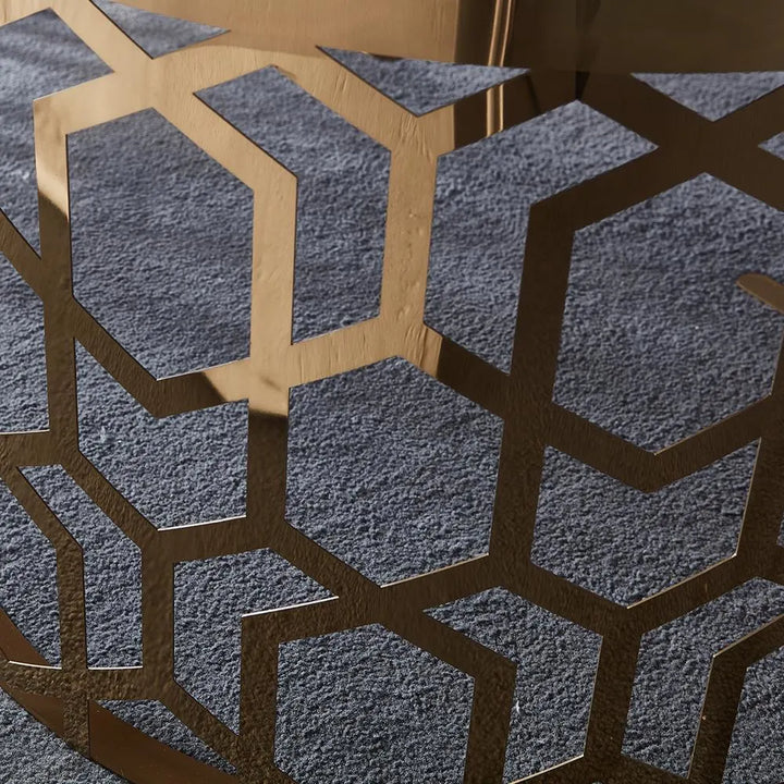 Detail view of custom-made oval coffee table showcasing metallic frame and modern craftsmanship
